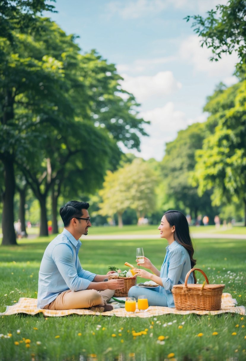 A couple picnicking in a lush green park, surrounded by trees and flowers, with a blanket spread out and a basket of food and drinks