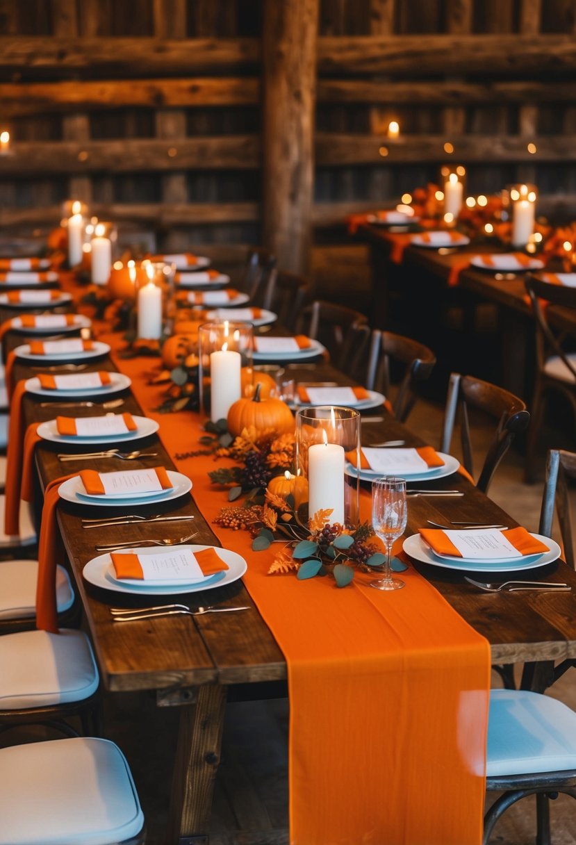 Burnt orange table runners adorn rustic barn wedding tables, accented by fall foliage and warm candlelight