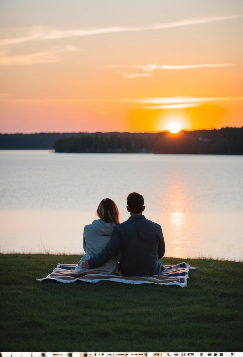 A couple sits on a blanket atop a grassy hill, facing a glowing horizon as the sun rises over a calm lake