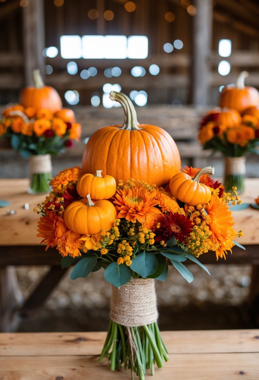 Pumpkin orange bouquets adorn rustic barn wedding, with fall colors in full bloom