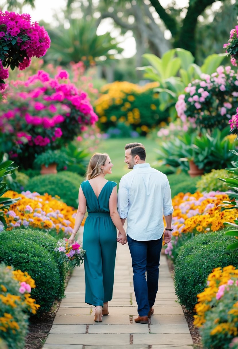 A couple strolls through a lush botanical garden, surrounded by vibrant blooms in full bloom