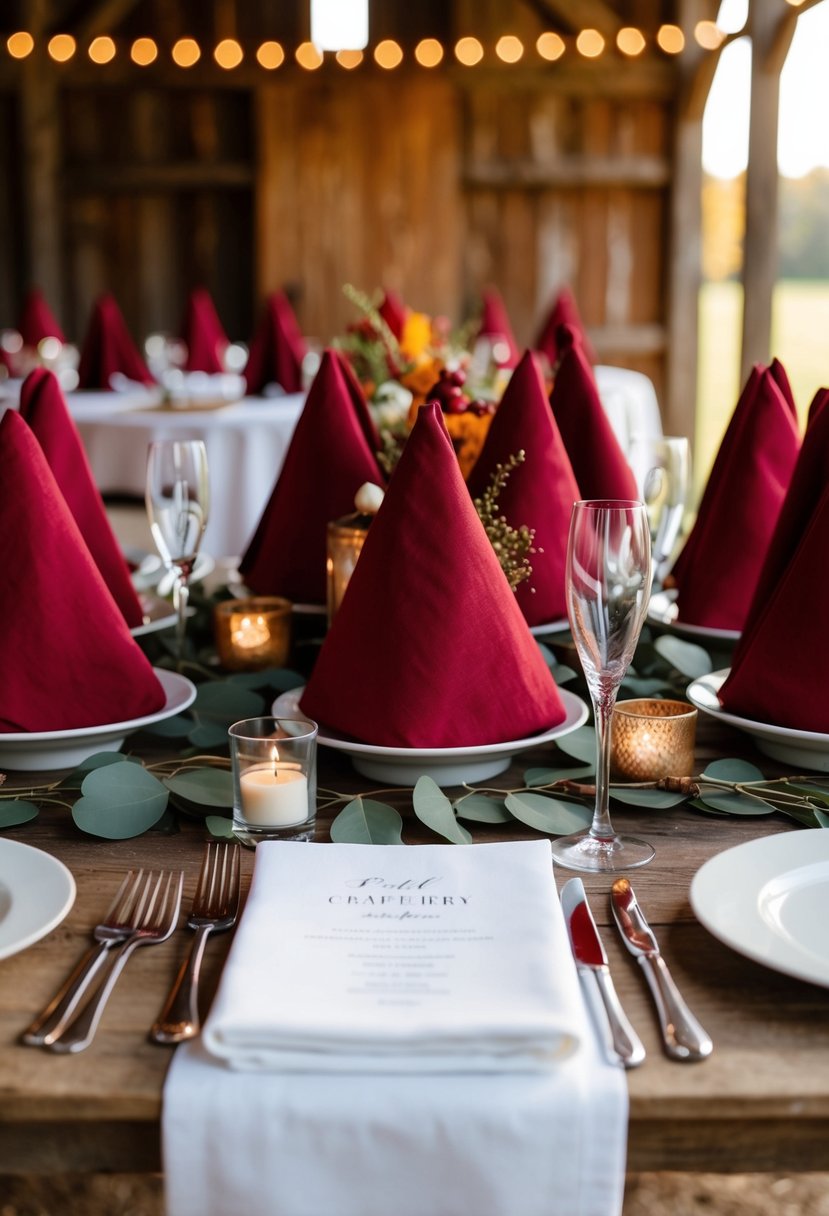 Cranberry red napkins arranged on rustic barn table for fall wedding