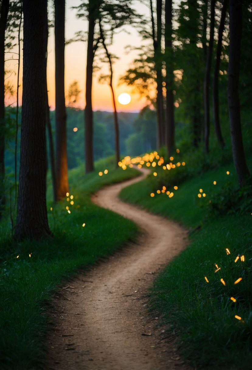 A winding forest trail illuminated by the soft glow of the setting sun, with fireflies beginning to flicker in the gathering twilight