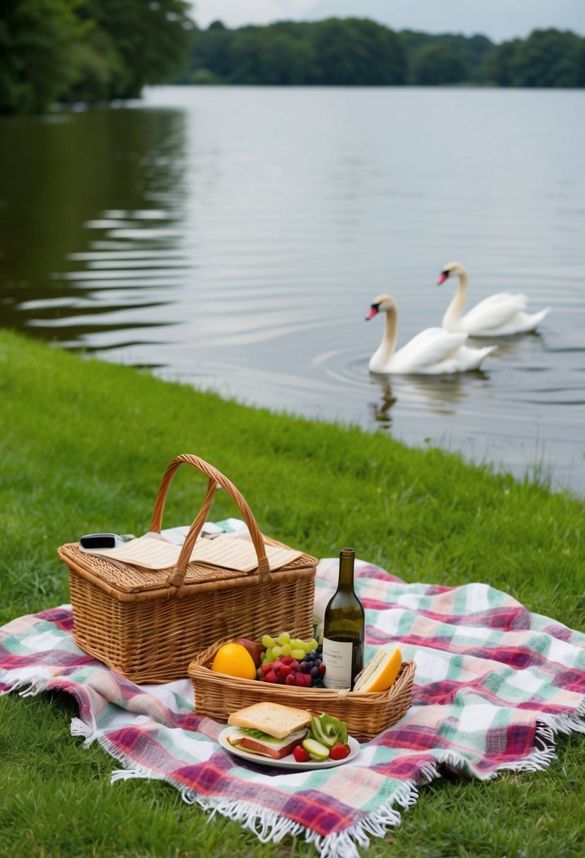 A checkered blanket spread out on the lush green grass by a calm lakeside, with a wicker basket filled with fruits, sandwiches, and a bottle of wine. A gentle breeze ripples the water, and a pair of swans glide gracefully across the surface