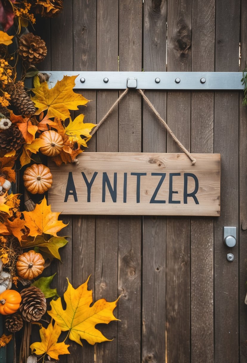 A rustic wooden sign hangs on a barn door, surrounded by autumn foliage and decor