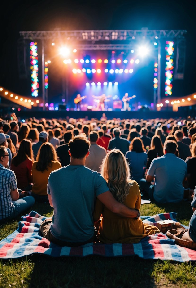 A couple sits on a blanket surrounded by a crowd at an outdoor concert. The stage is lit up with colorful lights as the band performs under the stars