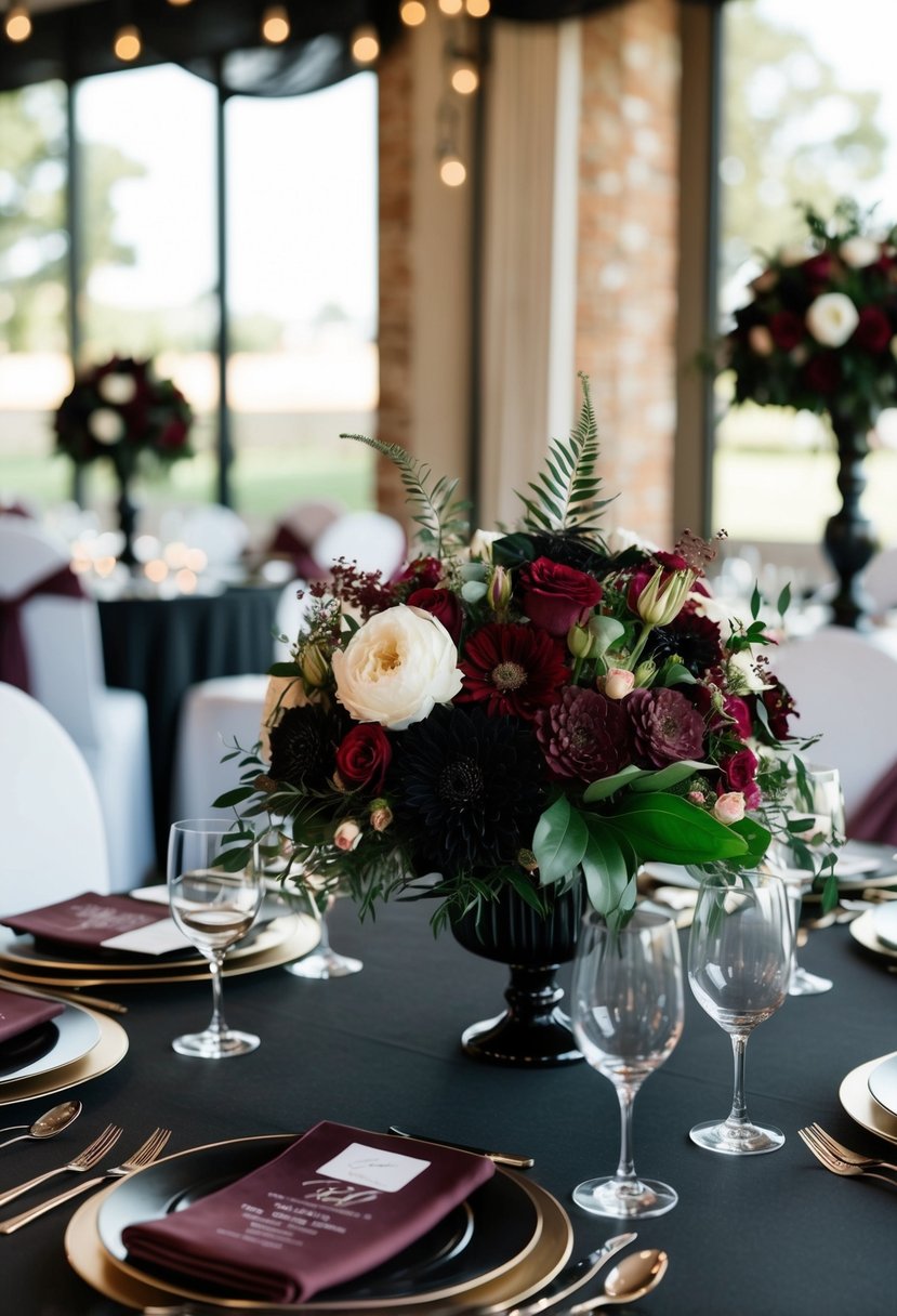 A black and burgundy wedding scene with floral arrangements, table settings, and elegant decor