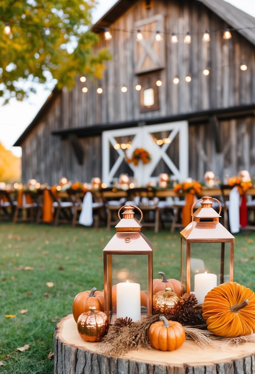 A rustic barn adorned with copper lanterns and fall decor for a wedding