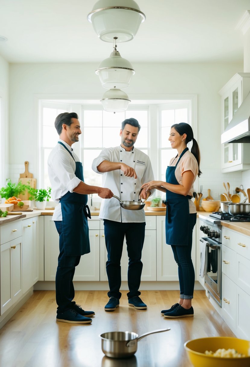 A couple stands side by side in a bright, spacious kitchen, surrounded by pots, pans, and fresh ingredients. A chef demonstrates a cooking technique while they eagerly follow along