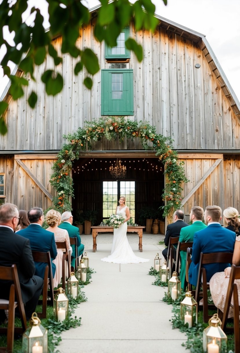 An old barn adorned with emerald green accents for a fall wedding