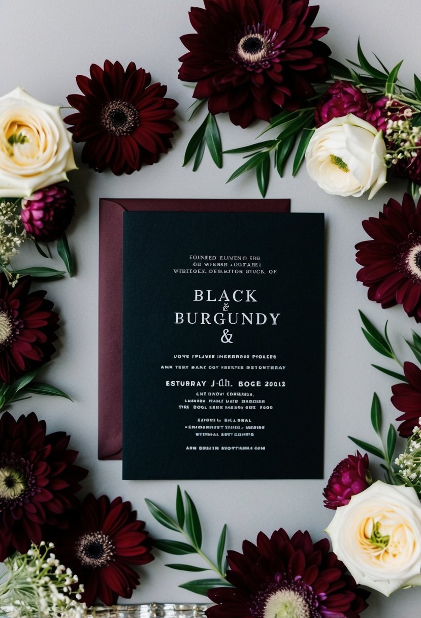 An elegant black and burgundy wedding invitation surrounded by coordinating decor and flowers