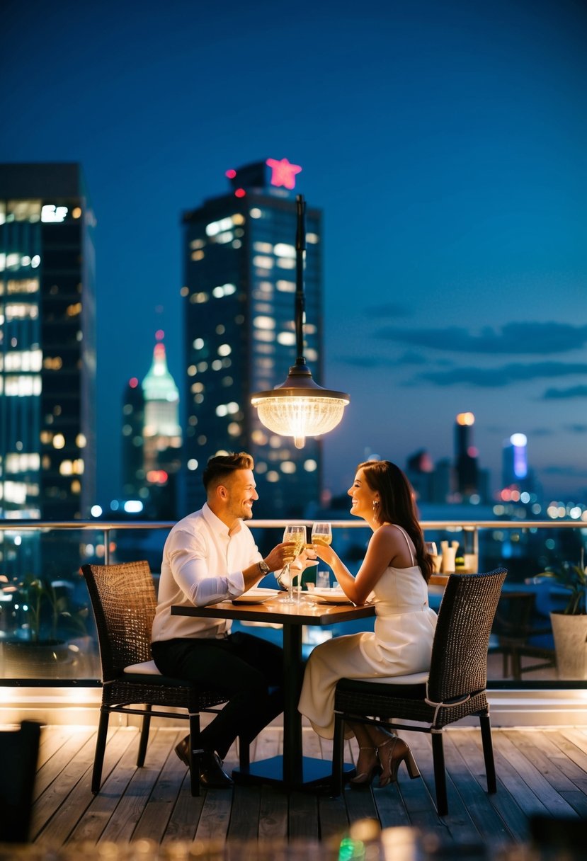 A couple dines under the stars at a rooftop restaurant, surrounded by city lights and a romantic ambiance