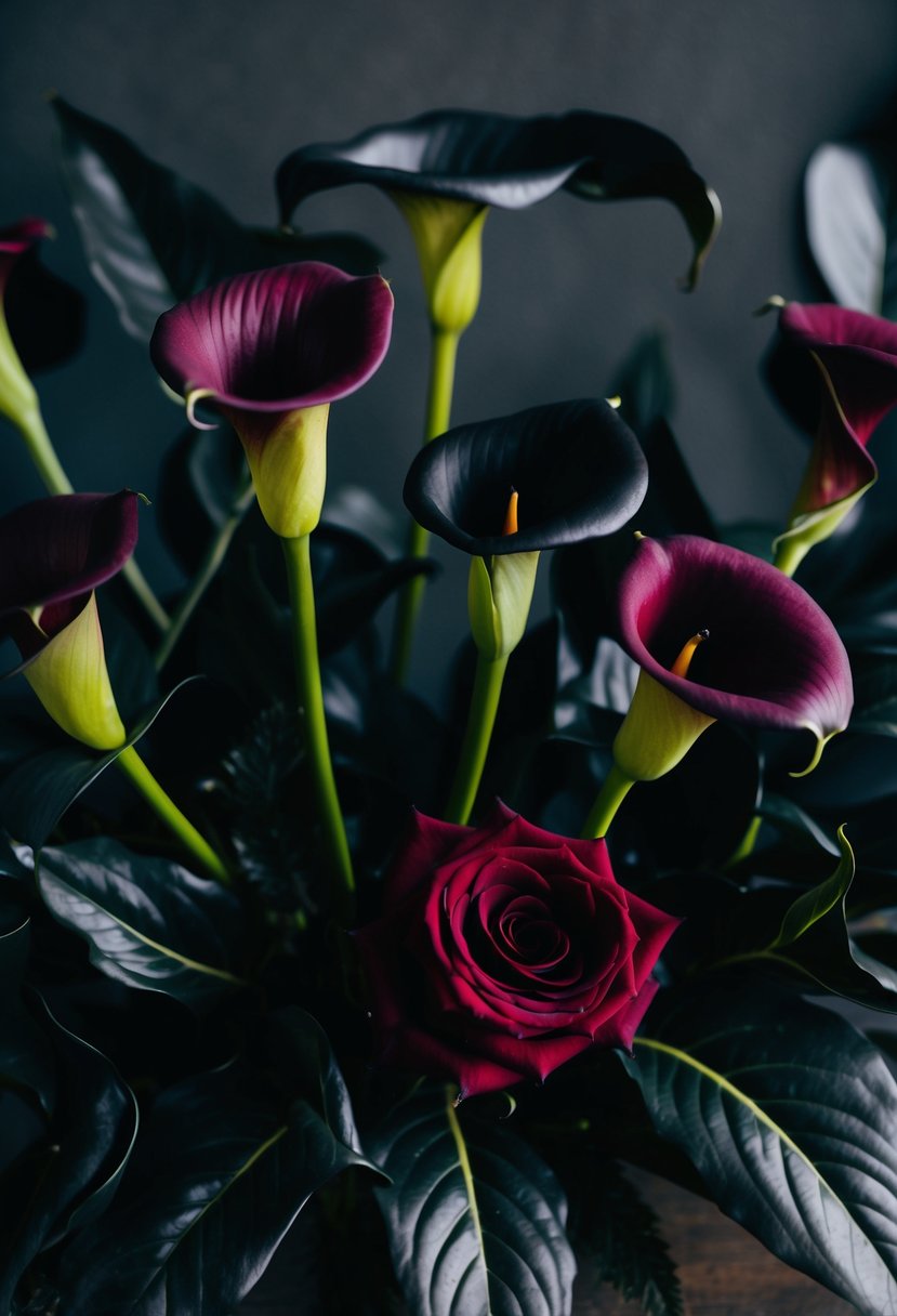 Deep burgundy roses and black calla lilies contrast against dark foliage in moody floral arrangements