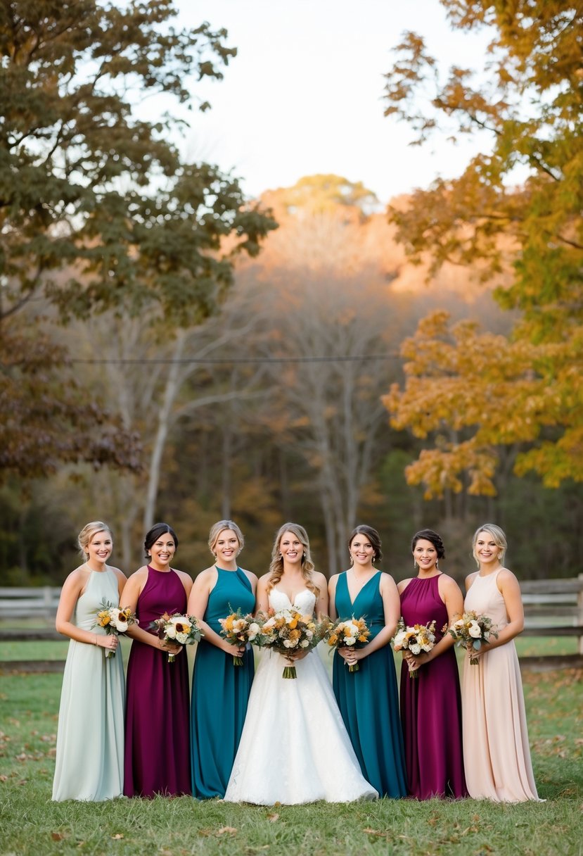 A barnyard wedding with bridesmaid dresses in rustic chic colors, set against a backdrop of autumn foliage and warm, earthy tones