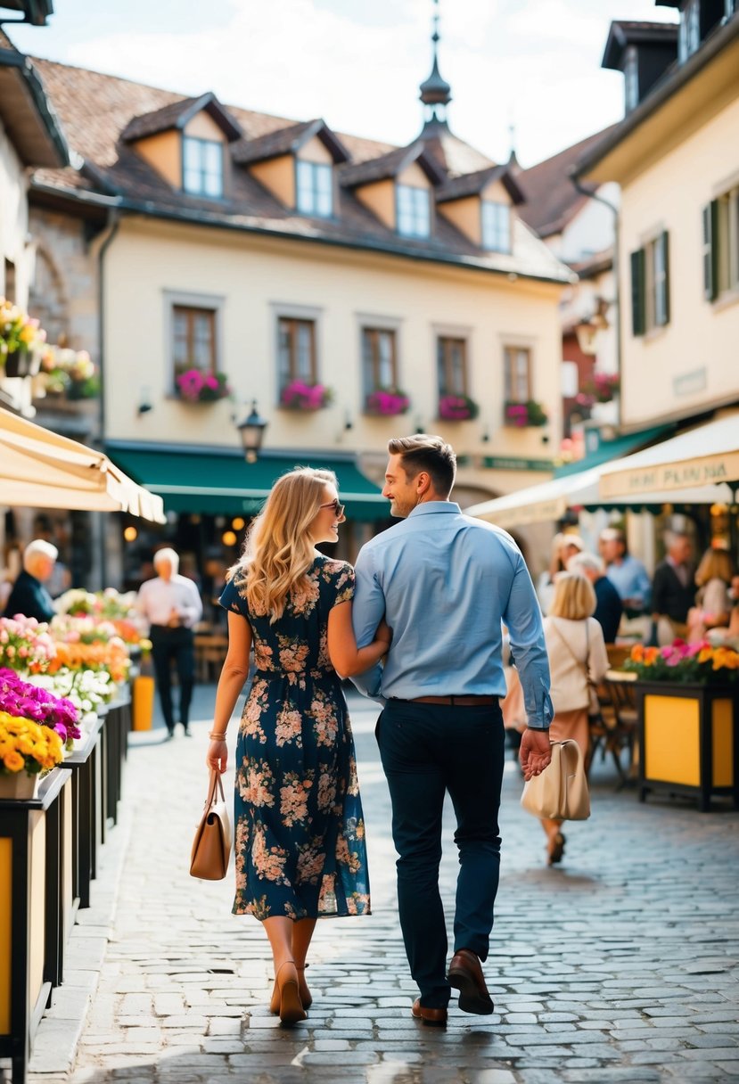 A couple strolling through a charming town square, surrounded by quaint shops and cafes, with colorful flowers and bustling activity