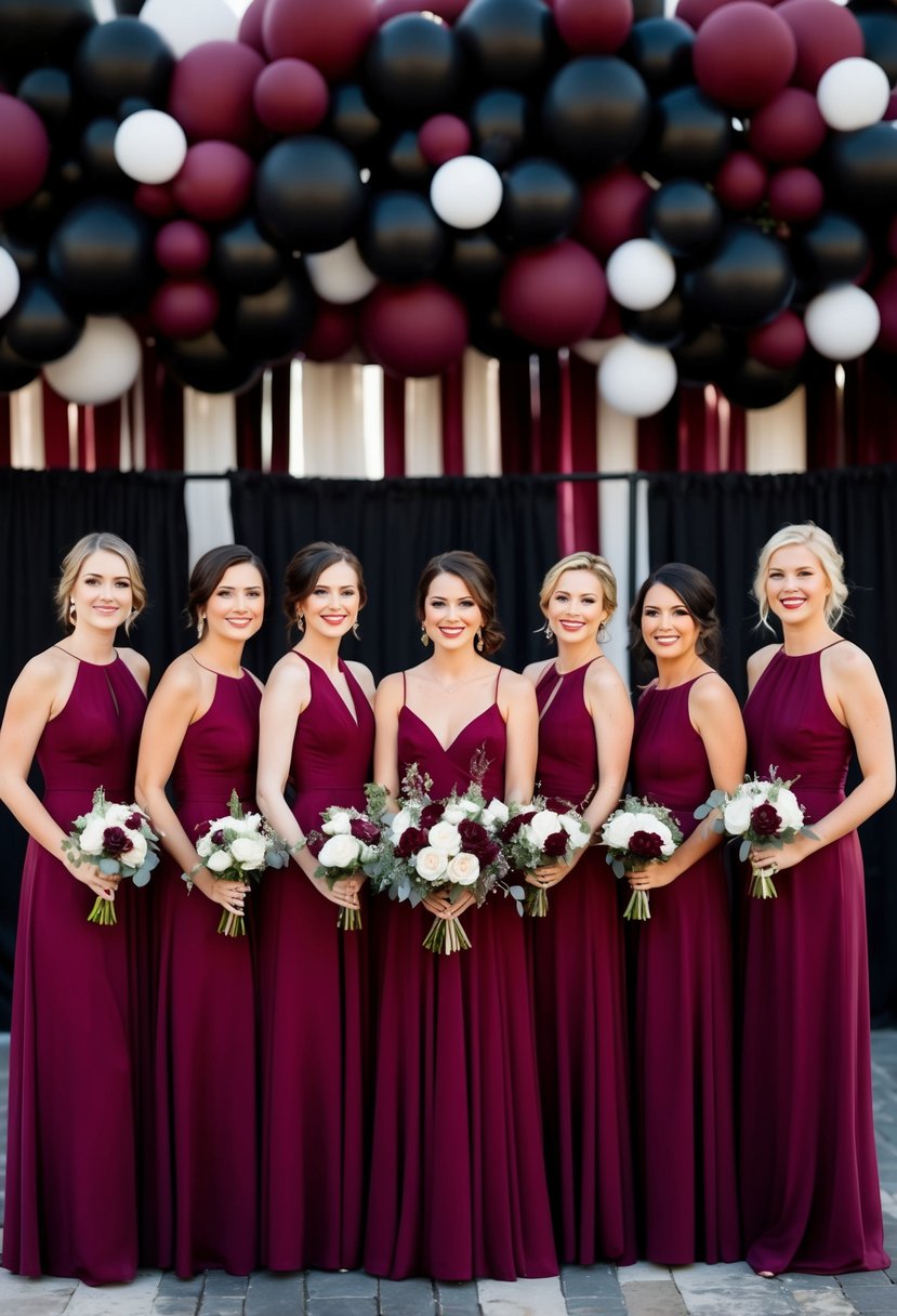 A group of chic burgundy bridesmaid dresses against a backdrop of black and burgundy wedding decor