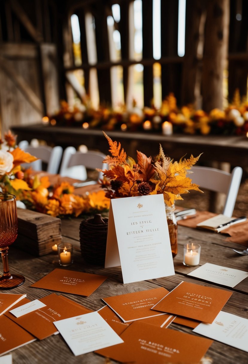 A rustic barn setting with terracotta-colored invitations scattered on a wooden table, surrounded by autumn foliage and warm fall wedding decor