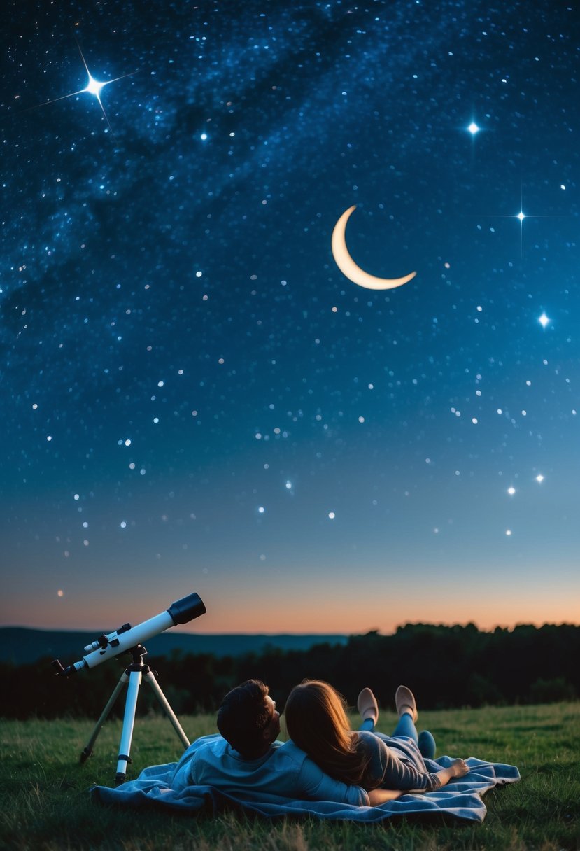 A couple lays on a blanket under the stars, a telescope beside them. The night sky is filled with twinkling stars and a bright crescent moon