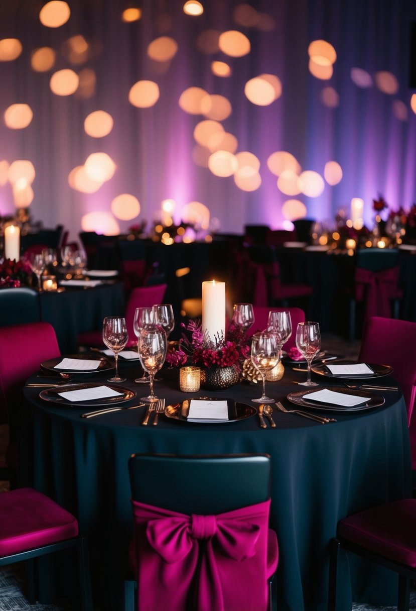 A black table adorned with burgundy accents and dramatic lighting