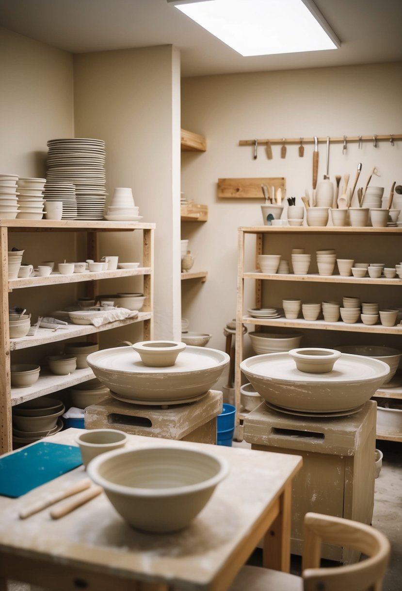 A cozy pottery studio with two pottery wheels, shelves of clay, and a variety of sculpting tools. Tables set up for couples to work together