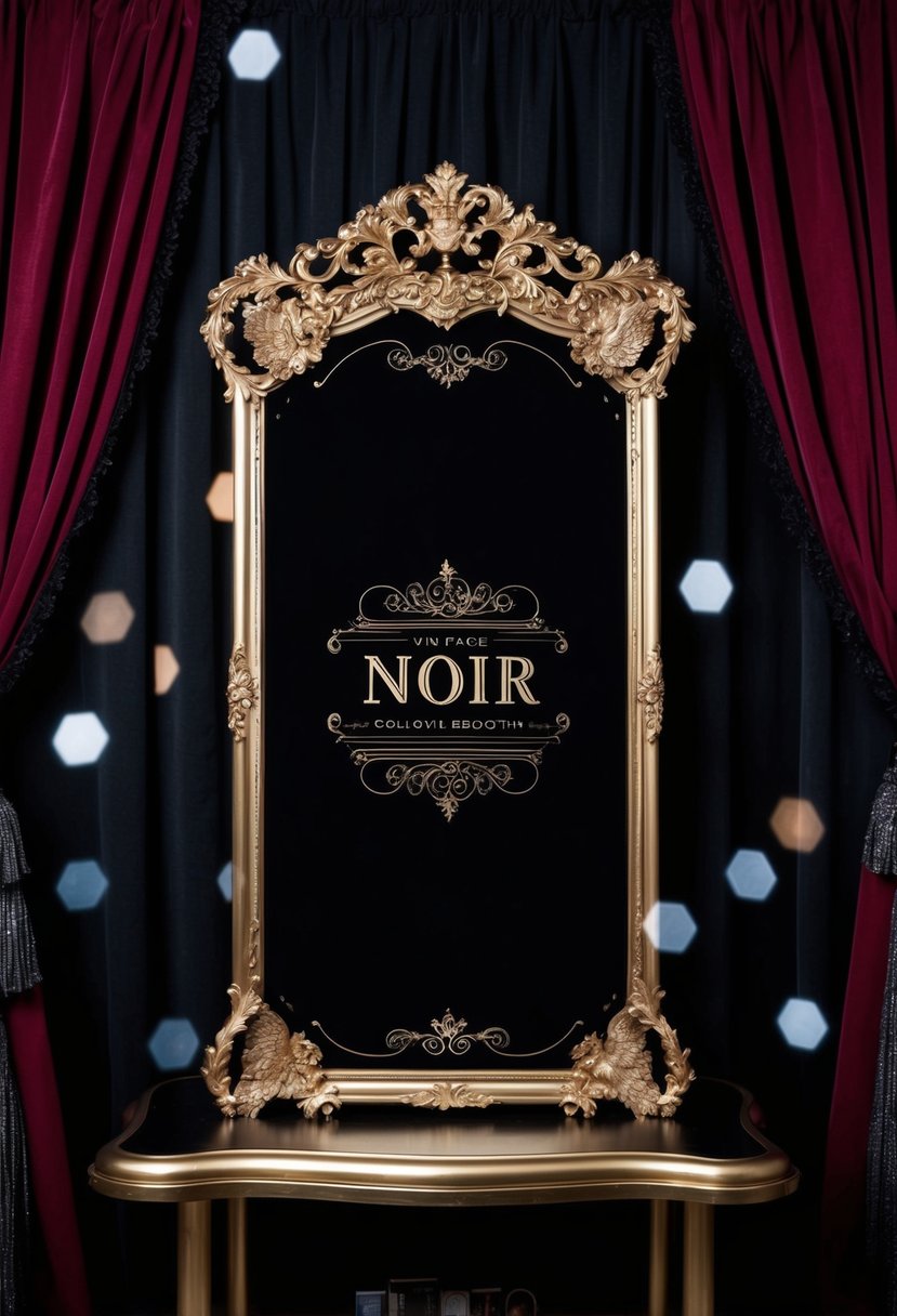 A vintage noir photo booth backdrop with black and burgundy accents