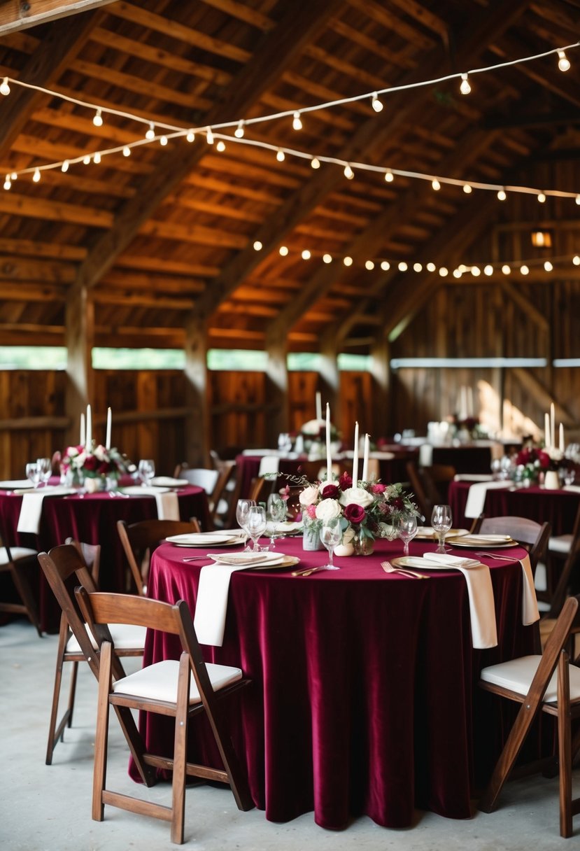 Burgundy velvet tablecloths adorn rustic barn tables for a fall wedding