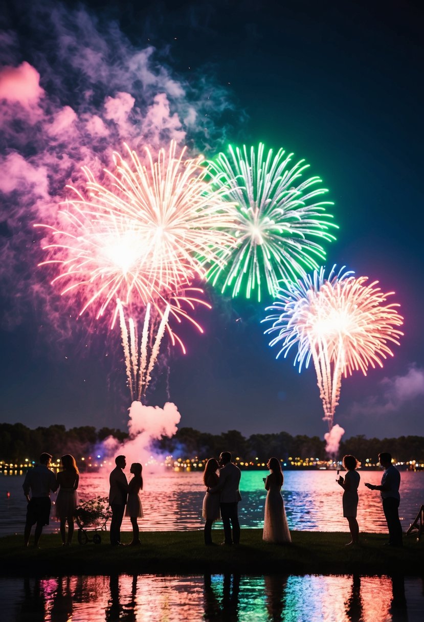 Vibrant bursts of color illuminate the night sky, reflecting off the water as couples gather to celebrate at a July fireworks show