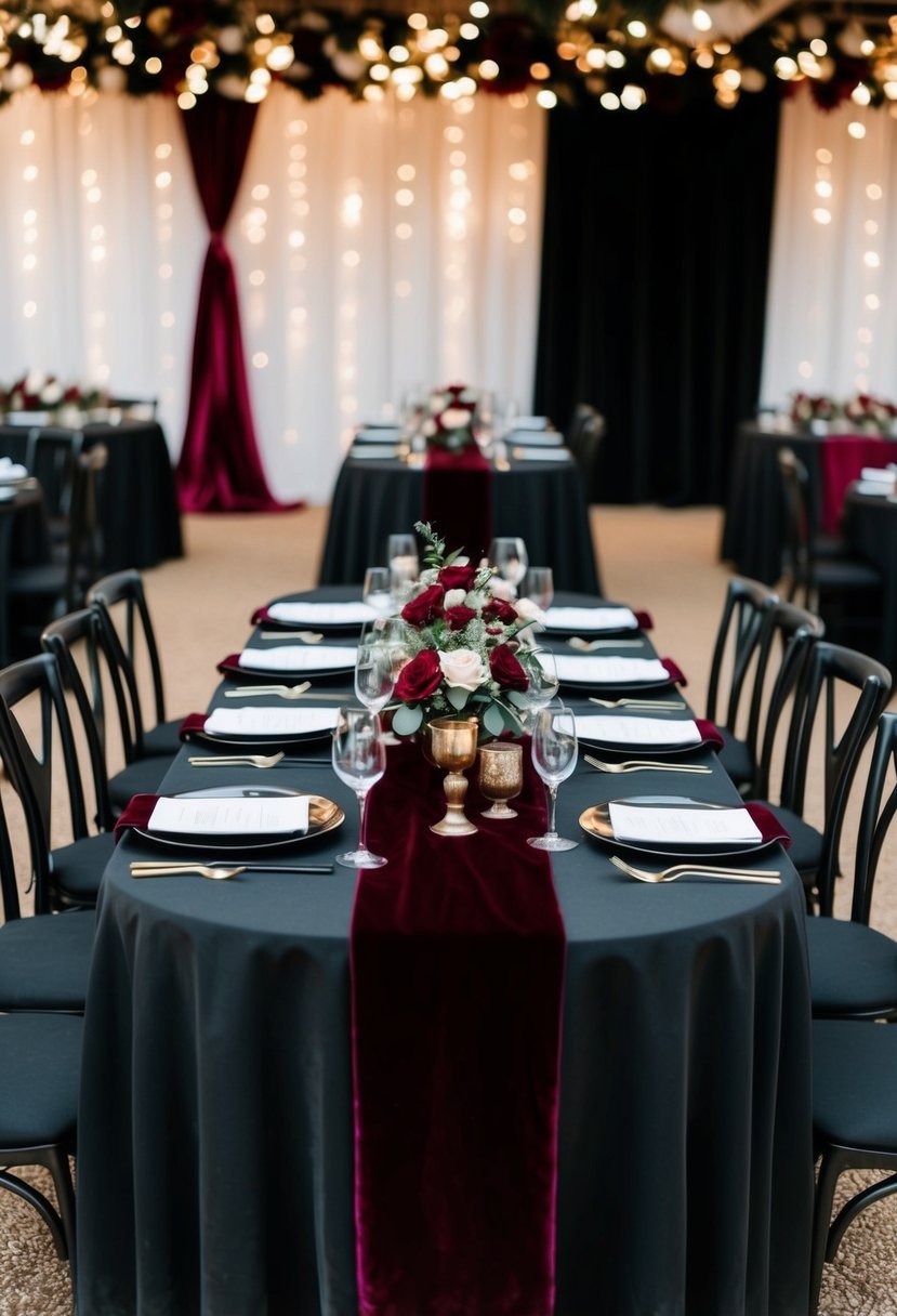 A black table adorned with burgundy velvet runners, surrounded by burgundy and black wedding decor