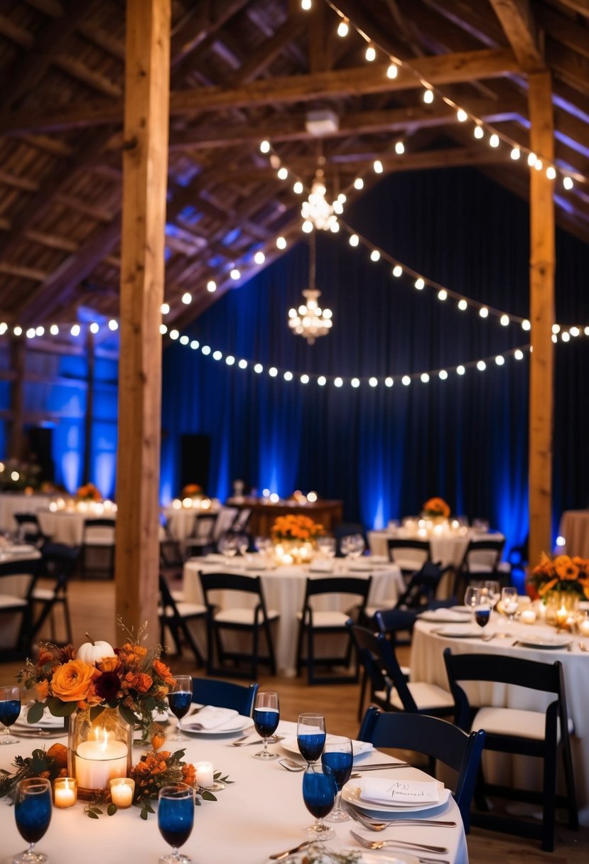 A cozy barn wedding reception with navy blue lighting and fall-themed decor