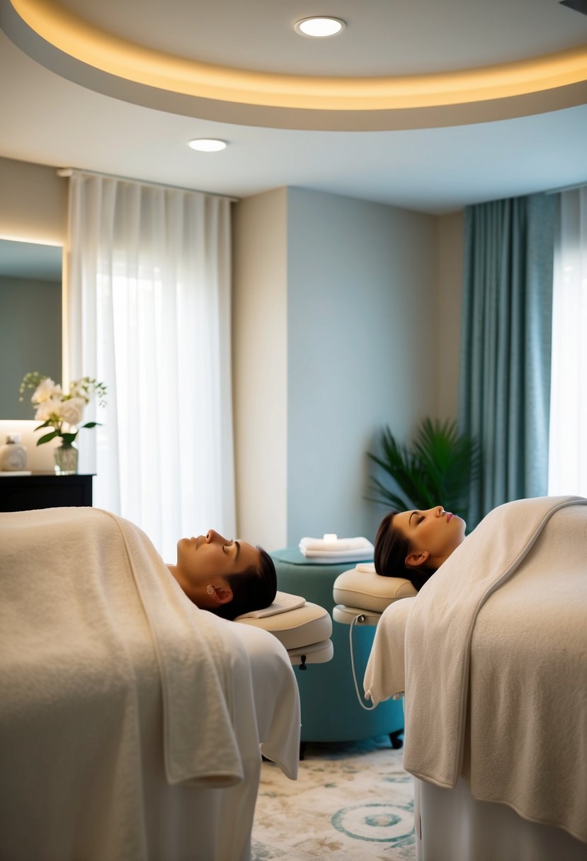 A serene spa setting with two massage tables, soft lighting, and calming decor for a couples massage