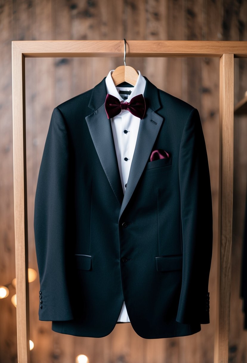 A sleek black tuxedo jacket hangs on a wooden hanger, paired with a deep burgundy bowtie and pocket square