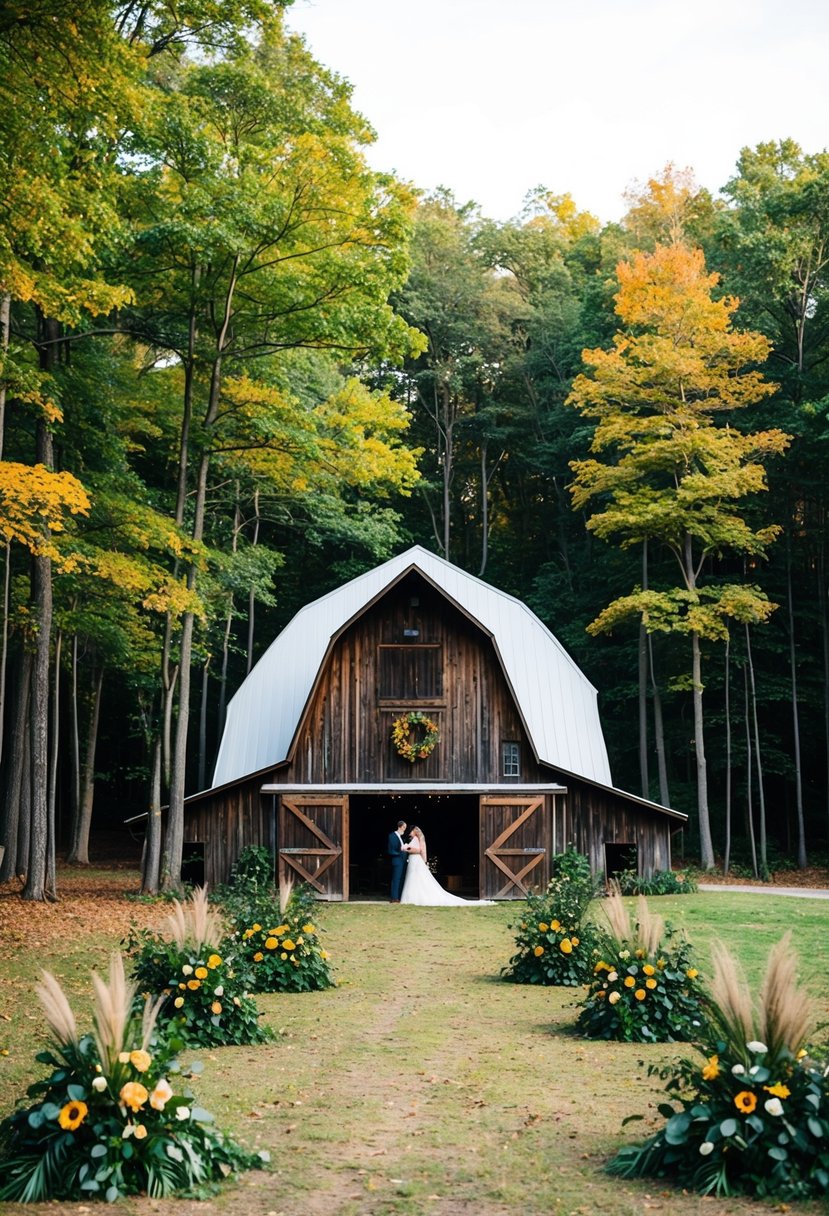 A rustic barn nestled in a forest clearing, surrounded by vibrant green foliage arrangements, creating a picturesque setting for a fall wedding