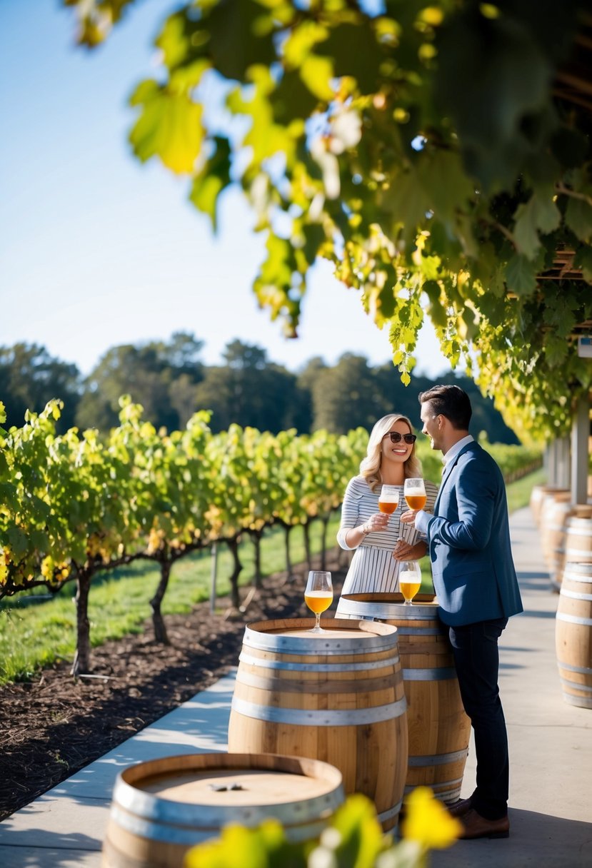 A sunny outdoor patio with rows of grapevines or beer barrels, a couple enjoying tastings at a local vineyard or brewery