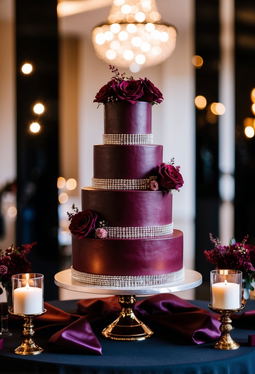 A glamorous burgundy wedding cake surrounded by black and burgundy decor