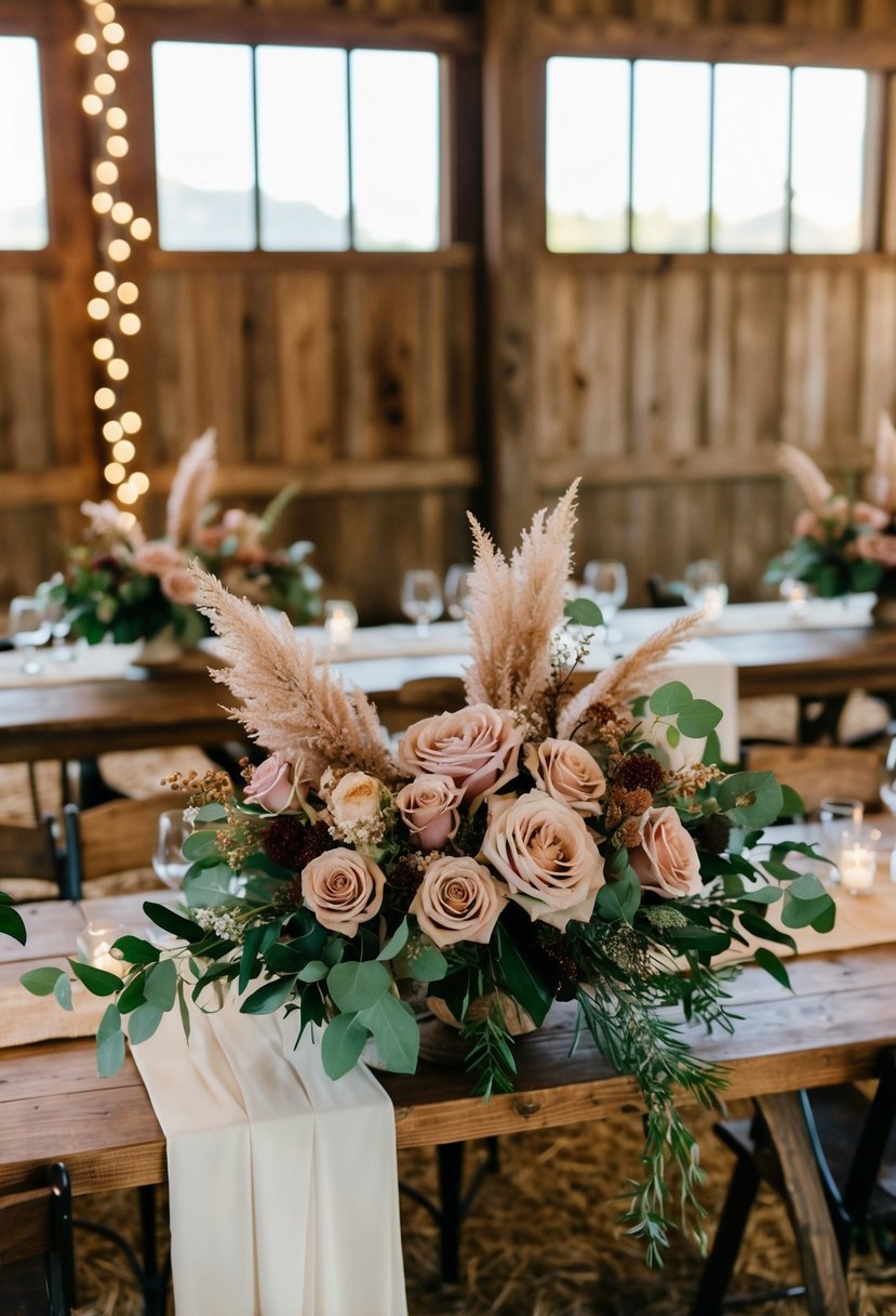 A rustic barn setting with dusty rose floral arrangements, evoking a cozy and romantic atmosphere for a fall wedding