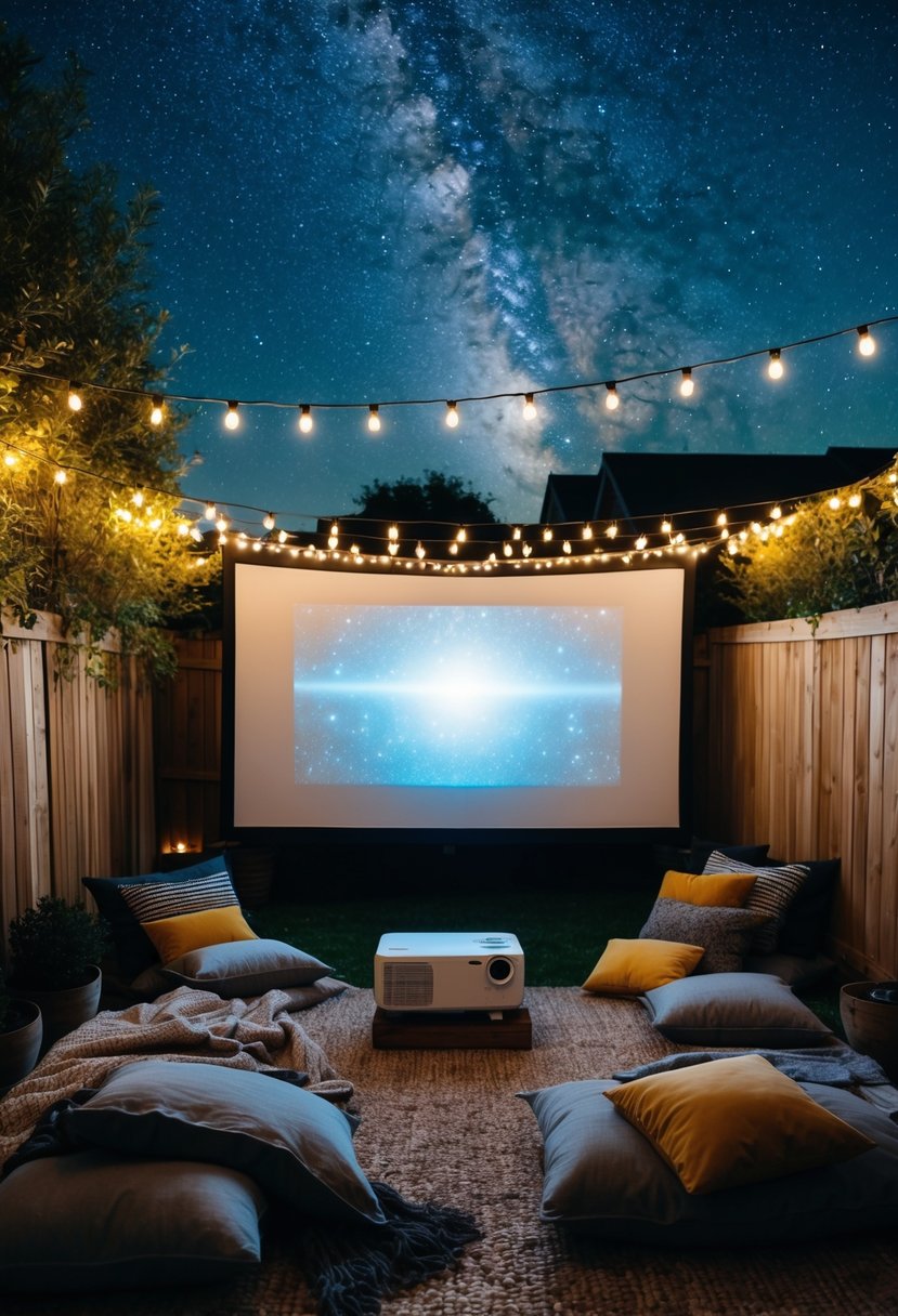 A cozy backyard set up with a large screen, string lights, blankets, and pillows. A projector is casting a movie onto the screen under a starry night sky