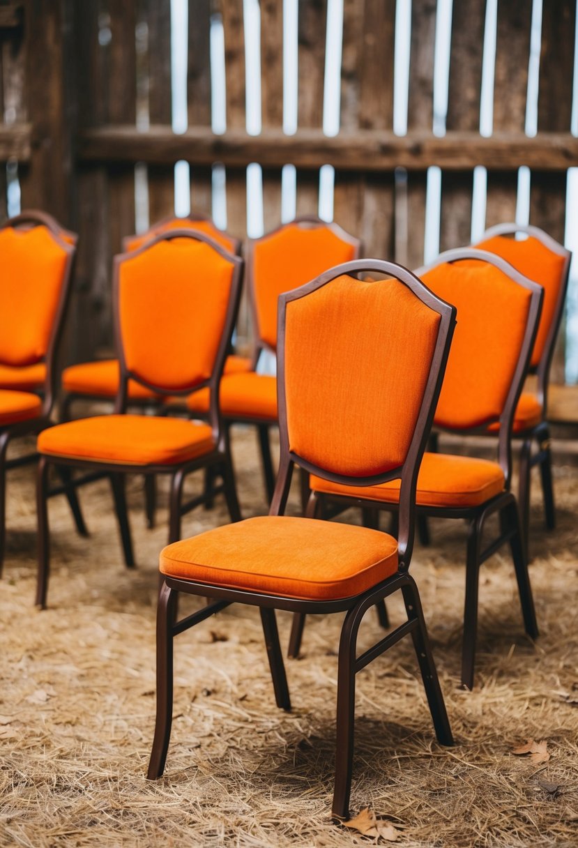 Rusty orange accent chairs arranged in a rustic barn setting for a fall wedding, with warm autumn colors as the theme