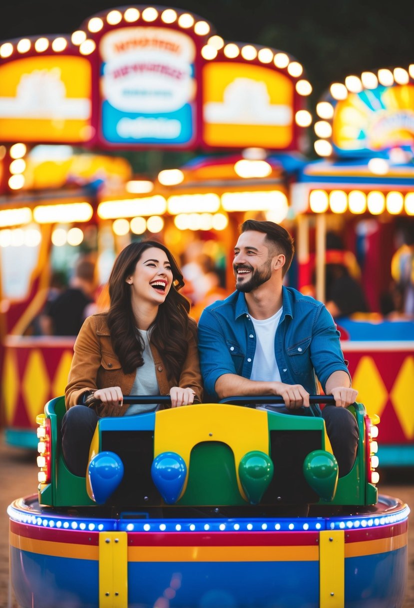 Couples laugh on colorful fair rides, surrounded by game booths and twinkling lights