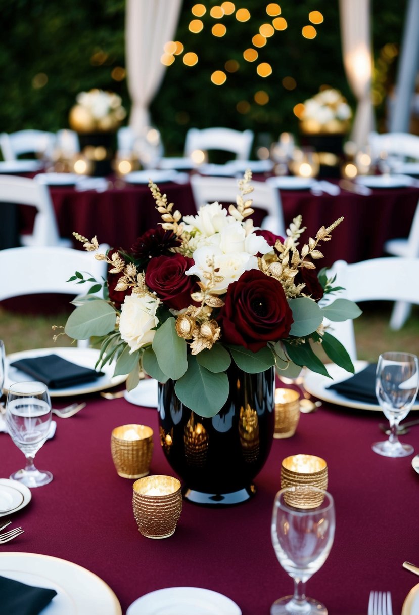 Gold-accented centerpieces adorn tables at a black and burgundy wedding