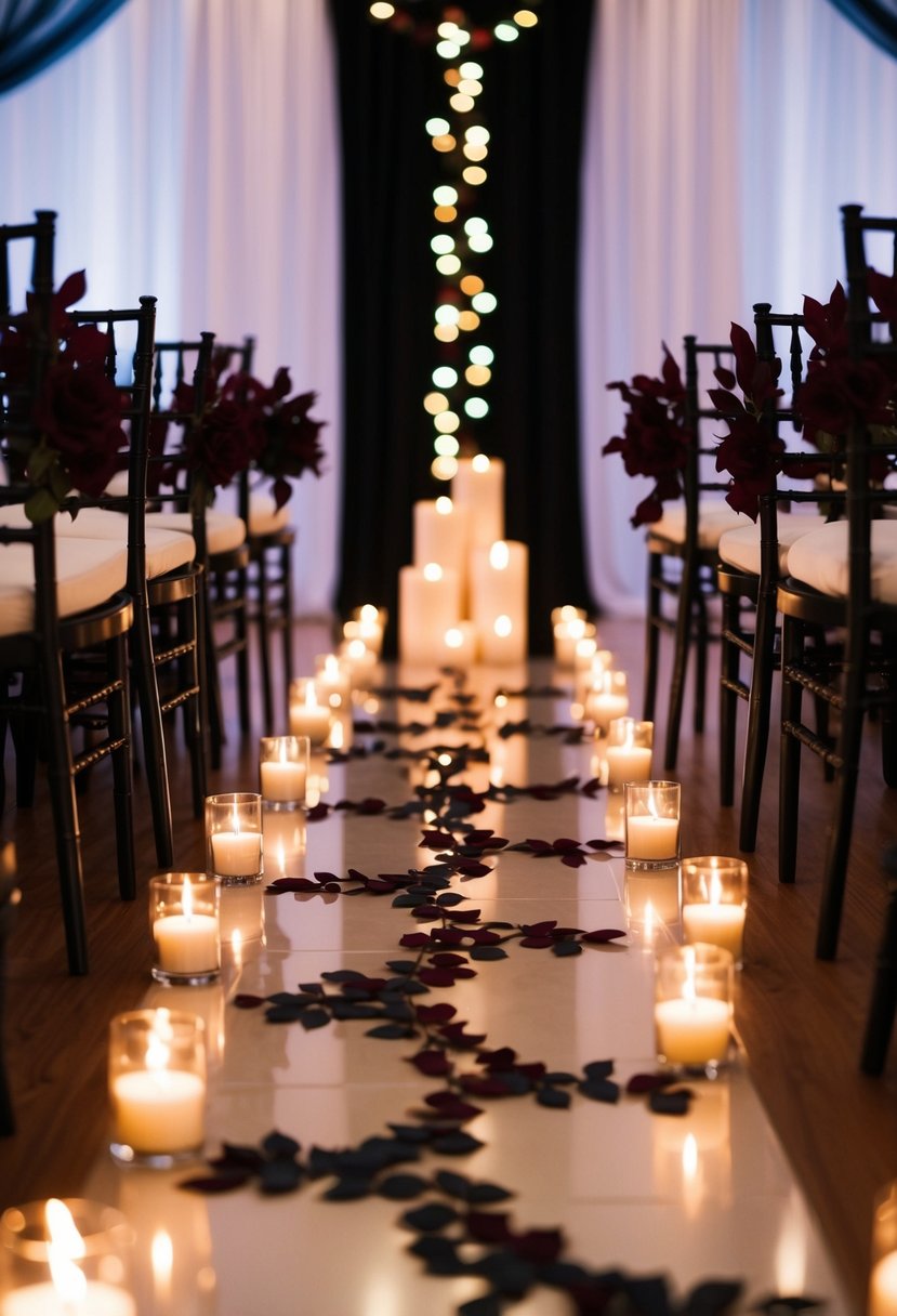 Candlelit aisles with black and burgundy decor set a romantic wedding scene