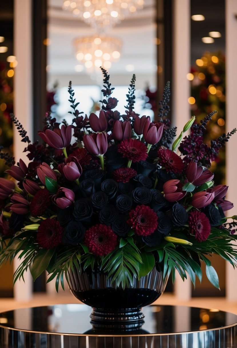 A lavish bouquet of deep black and rich burgundy flowers arranged in an elegant display