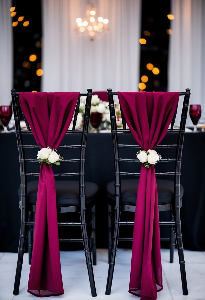 Two classic black reception chairs with burgundy cushions, set against a black and burgundy wedding color scheme