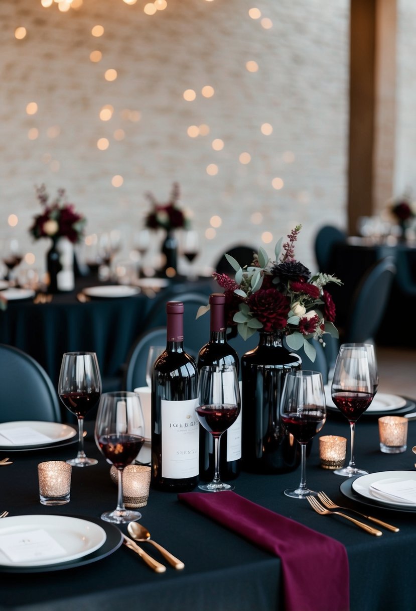 A sleek black table adorned with sophisticated burgundy wine bottles and wedding decor in black and burgundy hues