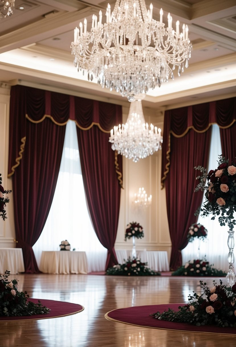 A grand ballroom with velvet drapes, crystal chandeliers, and black and burgundy floral arrangements