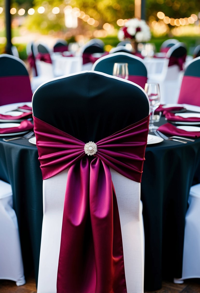 Burgundy satin sashes draped over a black and burgundy wedding table setting