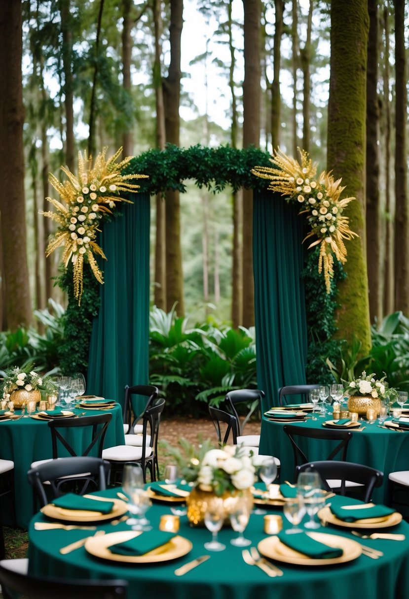 A lush forest with golden accents, a dark green wedding arch adorned with gold flowers, and tables set with deep green linens and shimmering gold centerpieces