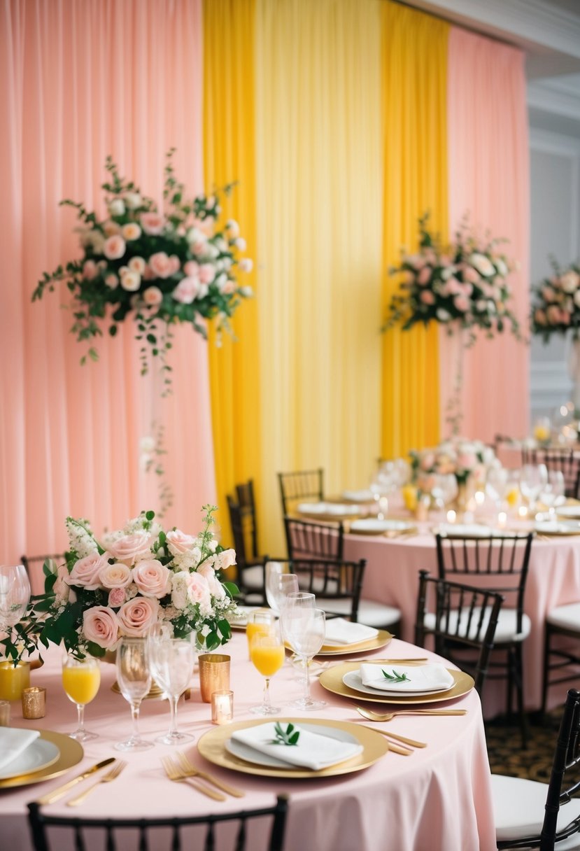 A soft pink and yellow color palette fills a wedding reception, with delicate floral arrangements and elegant table settings