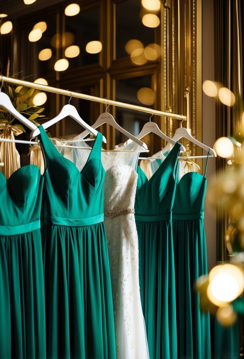 A group of emerald green bridesmaid dresses hang on a rack, surrounded by gold accents and decor, creating a luxurious and elegant wedding color scheme