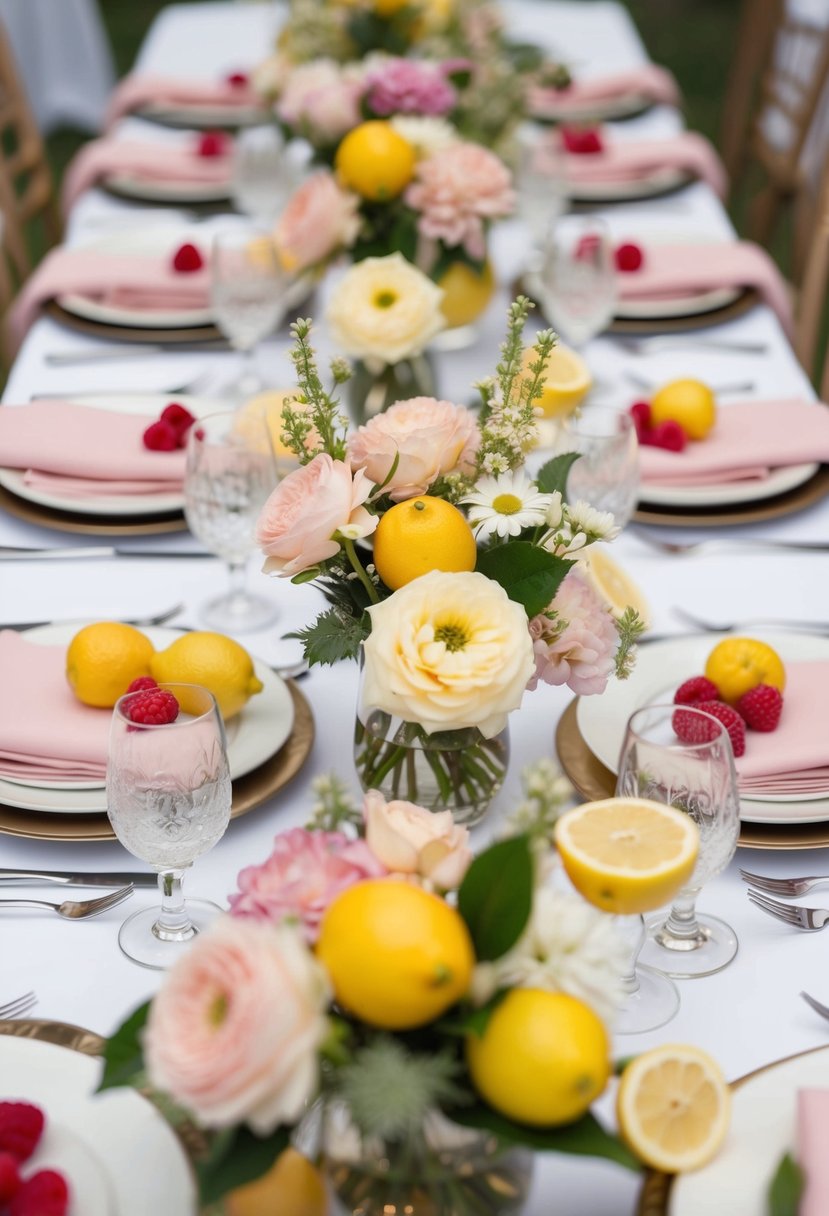 A table set with delicate floral centerpieces in shades of pale pink and yellow, featuring raspberries and lemons interspersed among the blooms