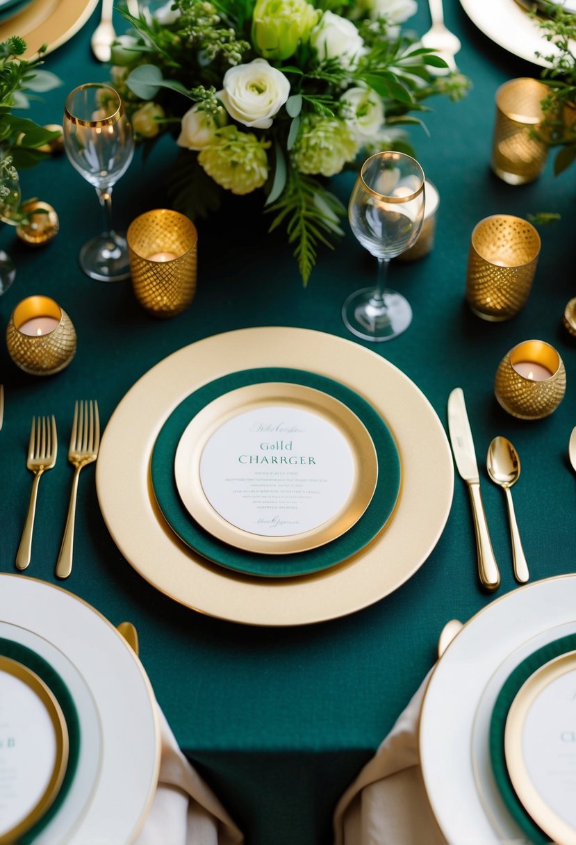 Gold charger plates set on a dark green tablecloth, surrounded by gold accents and green floral arrangements